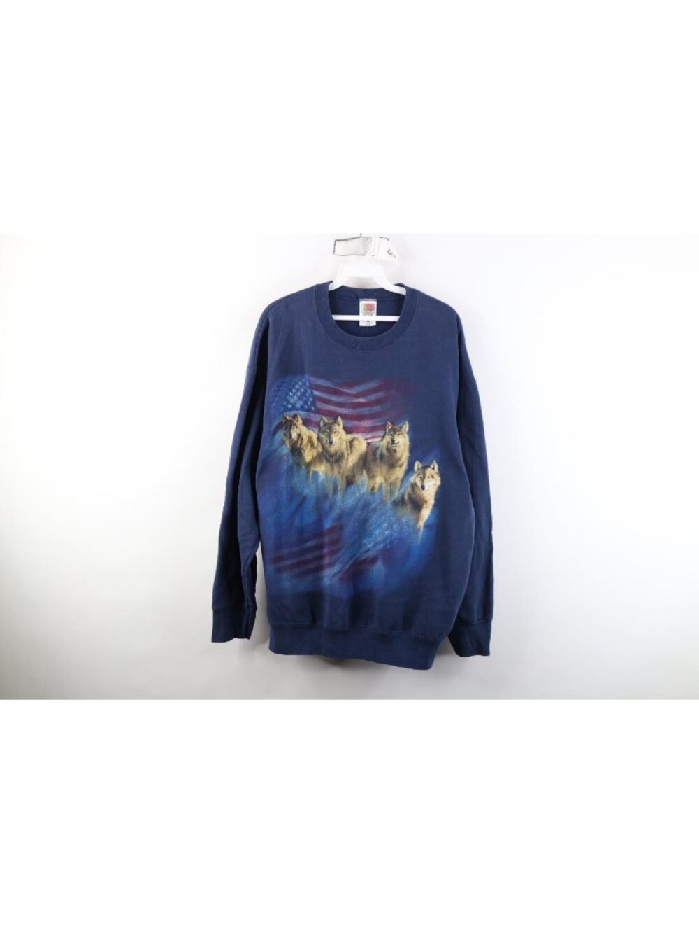 Vintage 90s Mens XL Faded USA Flag Nature Wolf Wolves Crewneck Sweatshirt Blue
